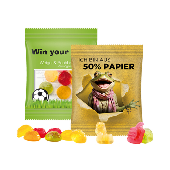 Minitüte 15 g, Tüte aus Standard-Folie, oder Folie mit ca. 50% Papieranteil, Trolli Fruchtgummi Standardformen