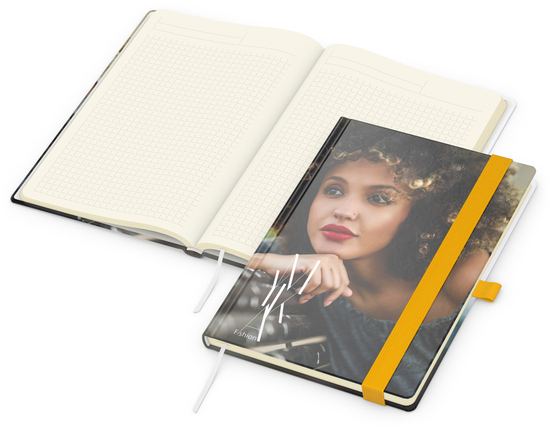 Notizbuch Match-Book Creme Bestseller, A5, Cover-Star, matt-individuell, gelb