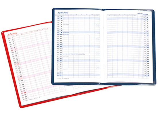 Taschenkalender "Status" im Format 9,5 x 16 cm, Kalendarium Grau/Rot, 32 Seiten gebunden + 16 Seiten ABC-Heft, eingesteckt in PVC-Hülle rot