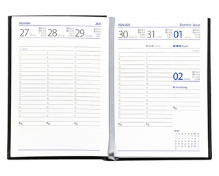 Taschenkalender "Taschenbuch Woche" im Format 10,5 x 14,8 cm, deutsches Kalendarium Grau/Blau mit Leseband, 144 Seiten Fadenheftung, Einband Fashion anthrazit