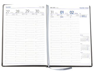 Wochenkalender "Klassik D" im Format 14,5 x 20,5 cm, deutsches Kalendarium Grau/Blau mit Leseband, 144 Seiten Fadenheftung, Eckenperforation, Einband Slinky schwarz