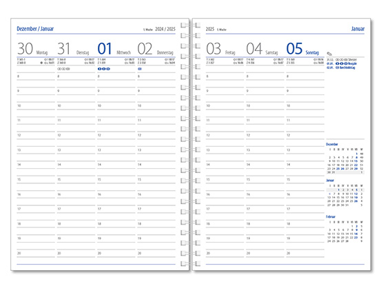 Wochenkalender "Klassik D Wire" im Format 14,5 x 20,5 cm, deutsches Kalendarium Grau/Blau, 144 Seiten, Wire-O-Bindung, mit Eckenperforation, Deckelpaar Slinky rot