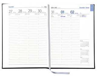 Wochenkalender "Business D" im Format 17,2 x 24 cm, deutsches Kalendarium Grau/Blau mit Leseband, 144 Seiten Fadenheftung, Eckenperforation, Einband Slinky mittelblau