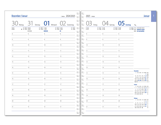 Wochenkalender "Business D Wire" im Format 17,2 x 24 cm, deutsches Kalendarium Grau/Blau, 144 Seiten, Wire-O-Bindung, mit Eckenperforation, Deckelpaar Magic rot