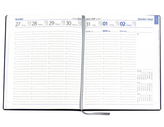 Wochenkalender "Manager D" im Format 21 x 26 cm, deutsches Kalendarium Grau/Blau mit Leseband, 144 Seiten Fadenheftung, Eckenperforation, Einband Balacron dunkelblau