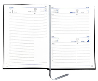 Buchkalender "Trend Chefkalender D" im Format 14,5 x 20,5 cm, deutsches Kalendarium Grau/Blau mit Leseband, 352 Seiten Fadenheftung, Eckenperforation, Einband Balacron schwarz