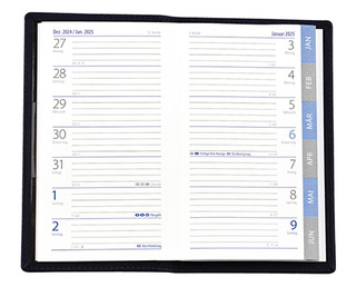 Taschenplaner "Exquisit Register" im Format 9,5 x 16 cm, deutsches Kalendarium Grau/Blau mit Registerstanzung, 64 Seiten gebunden + 16 Seiten Adressheft Register, eingesteckt in Slinky-Hülle bordeaux