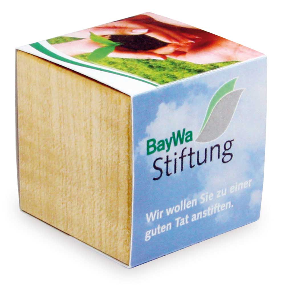 Pflanz-Holz mit Samen (Graspapier-Banderole) - Glücksklee-Zwiebel, 2 Seiten gelaser (* Je nach Verfügbarkeit der Glücksklee-Zwiebeln)