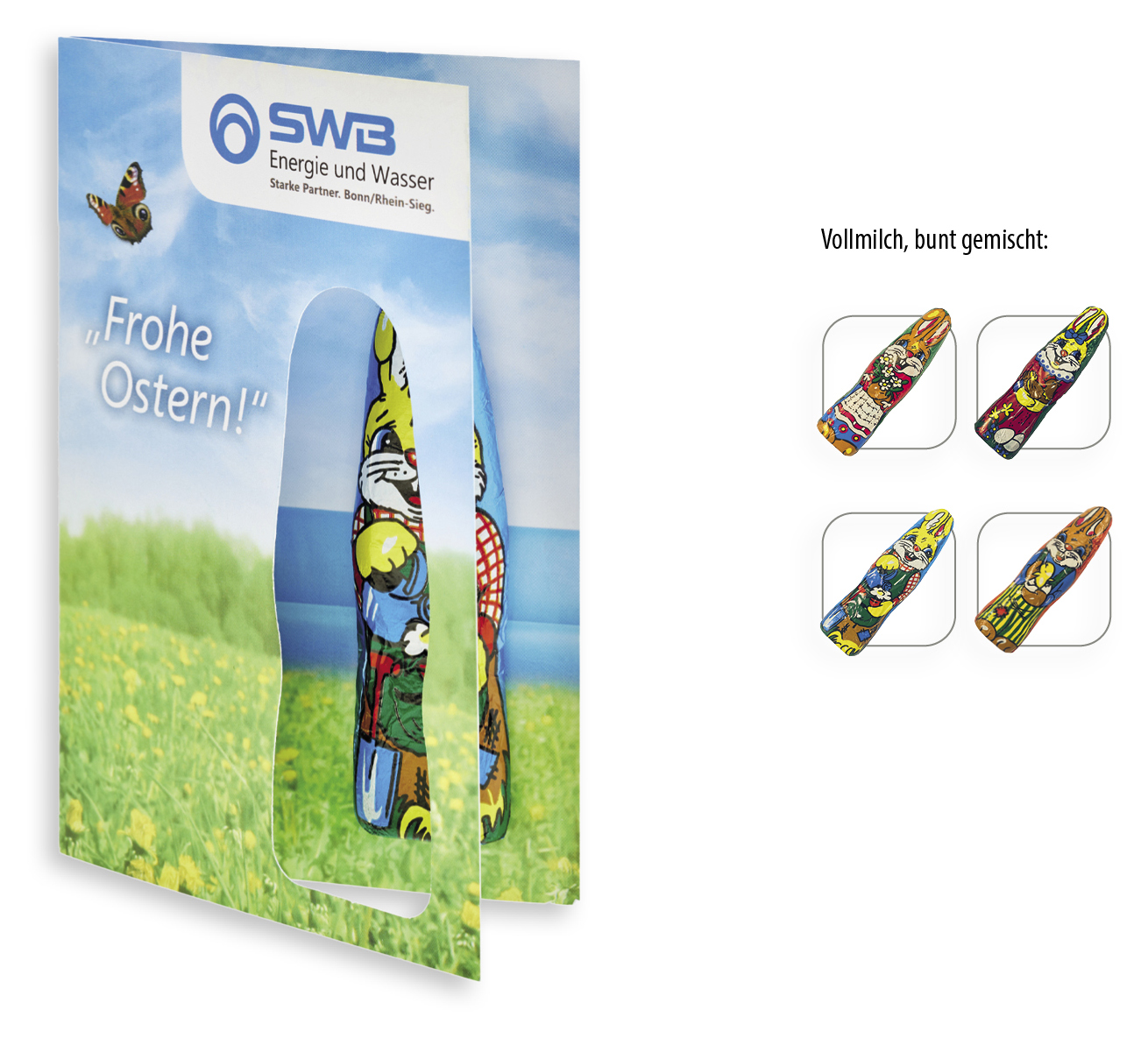 Faltkarte mit individuellem Druck - Schokofigur, Inhalt: Figur aus Edel-Vollmilchschokolade (Osterhase)